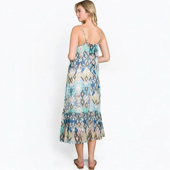 NWT Sleeveless Boho Ruffle Printed Woven Blue Green Cami Maxi Dress - Picture 4 of 12